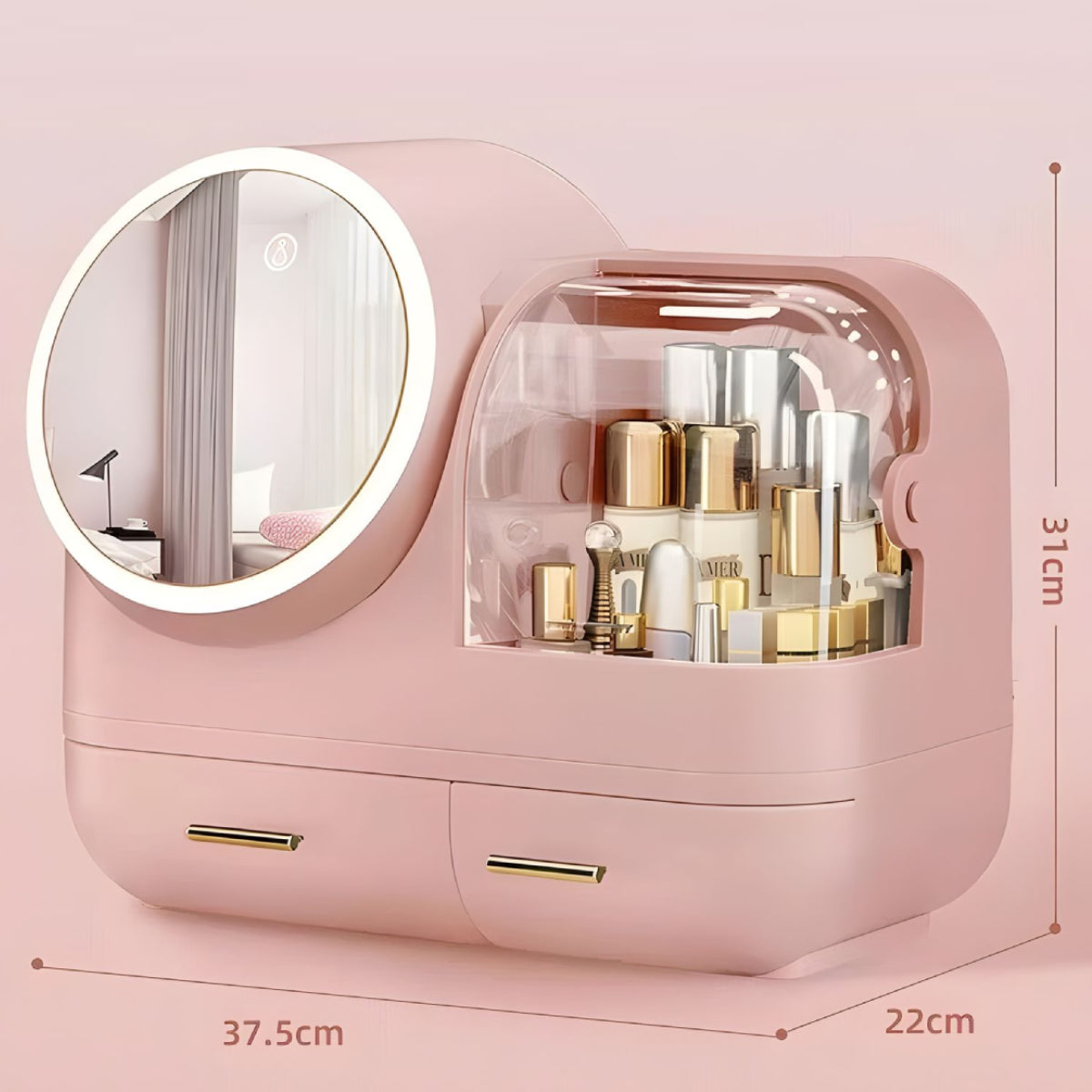 Boîte de Rangement Cosmétique avec Miroir et Ventilateur LED