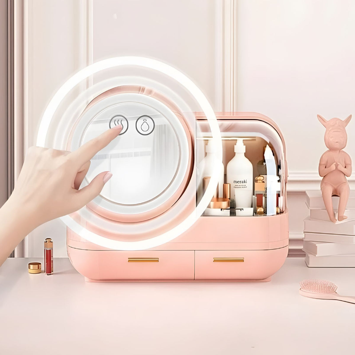 Boîte de Rangement Cosmétique avec Miroir et Ventilateur LED