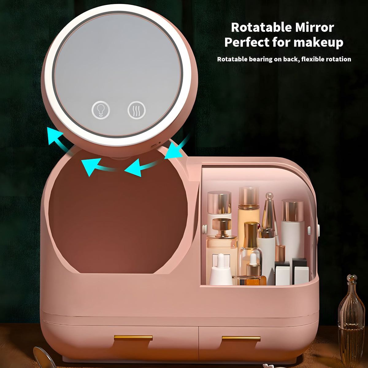 Boîte de Rangement Cosmétique avec Miroir et Ventilateur LED